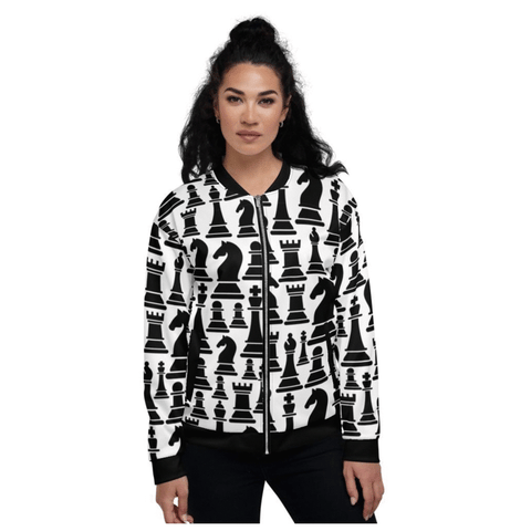 Womens Jacket - Black And White Chess Style Bomber Jacket